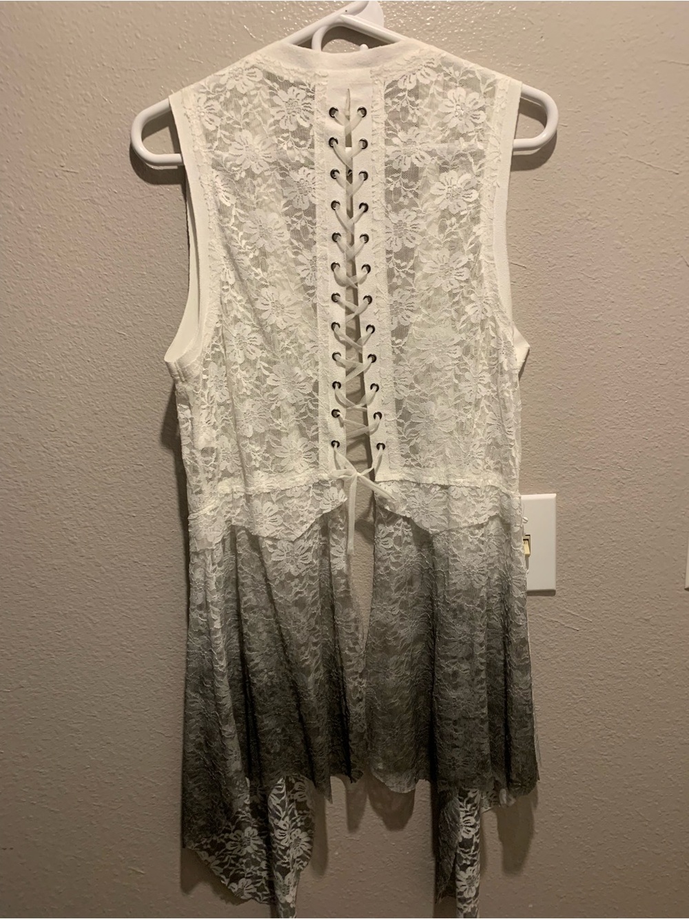 White to Gray Ombre Lace Vest/Overlay with Lace Up Back - Picture 3 of 8
